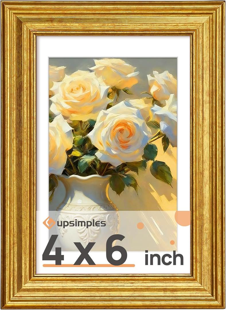 upsimples Vintage 4x6 Picture Frame, Antique Gold Frames Display 3.5x5 with Mat or 4 x 6 Without for Wall or Tabletop Decor, 1pack