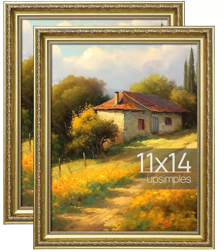 upsimples 2 Pack 11x14 Gold Picture Frame with Real Glass, Ornate Vintage 11 x 14 Photo Frames for Wall Decor