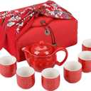 Chinese Tea Set Traditional Red Ceramic with Chinese Teapot and 6 Porcelain Teacups, Asian Gongfu Style Collection for Tea Ceremony, Chinese Wedding Gift with Fabric Box