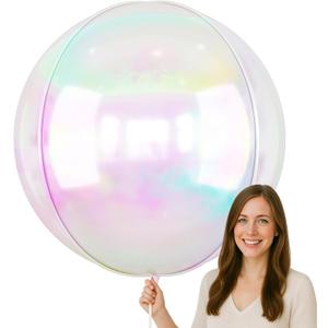 50 Inch Giant Iridescent Round Foil Balloons, 3Pcs Holographic Clear 4D Ball Balloons for Birthday New Year Eve Wedding Folding Rainbow Under The Sea Mermaid Party decoration