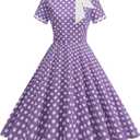 50s Style Dresses for Women Vintage Short Sleeve Tie Neck Polka Dot 1950s Housewife Dresses for Womens Swing 50s Audrey Hepburn Church Cocktail Dress Retro Tea Party Dress Up Purple XL