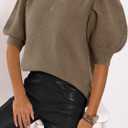 Women's Puff Short Sleeve Sweater Tops 2025 Summer Fall Trendy Knit Crew Neck Casual T Shirts Blouses (Brown, S)