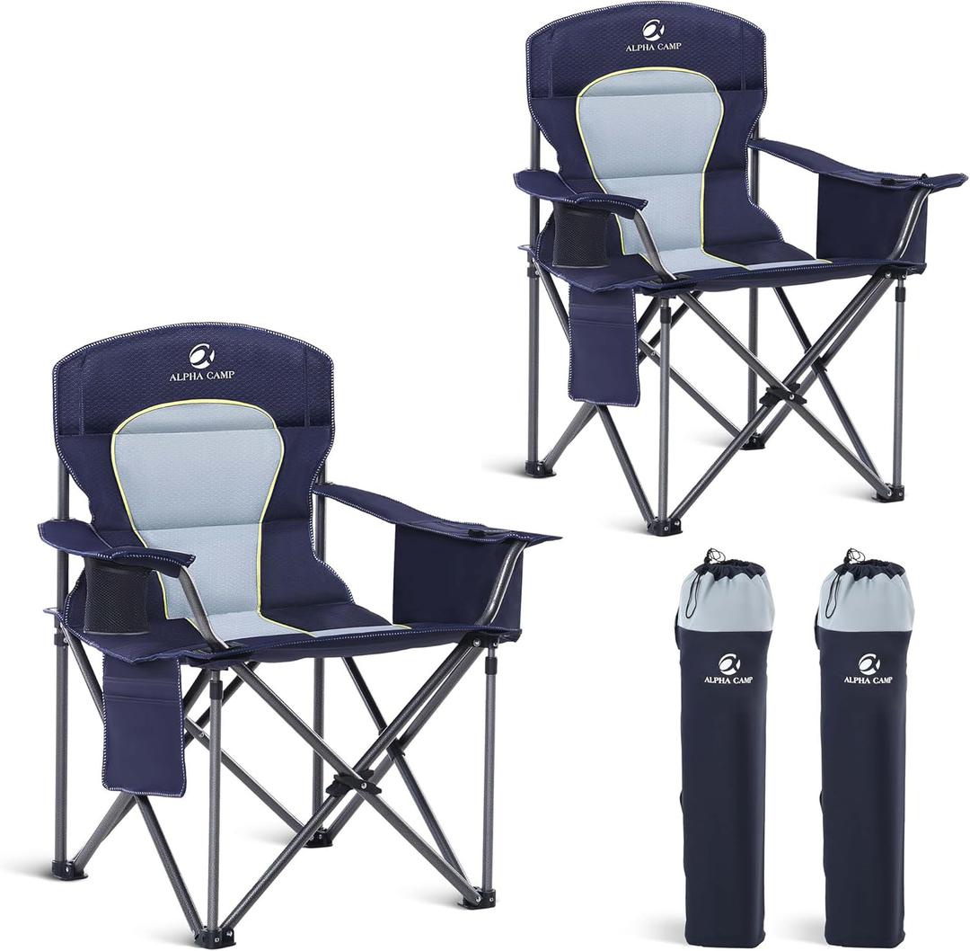 LET'S CAMP Oversized Folding Camping Chair Portable Outdoor Heavy Duty Padded Chairs Lawn Chair with Cup Holder, Storage Pocket and Cooler Bag, Supports 450LBS, for Camp, Travel, Picnic, 2 Pack (Blue)
