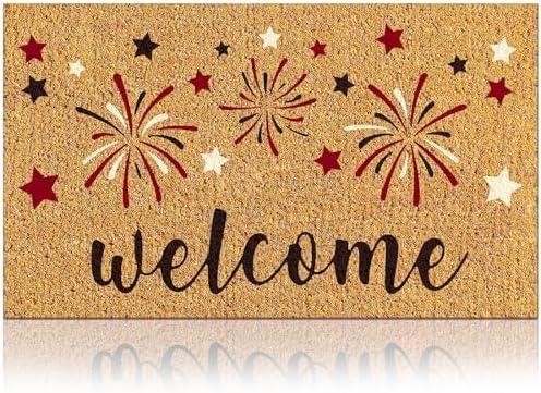 Duraaamo 4th of July Coir Door Mat Red Blue White Star Welcome Patriotic Mat Non-Slip Independence Day 4th July Indoor Entrance Outside Porch Front Decor, 16 x 28 Inch