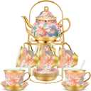 20 Pcs Porcelain Tea Set for Adults with Metal Holder and Spoon European Ceramic Tea Party Set Flower Painting Teapot Cup Saucer for Women Gift, Serving 6 People(Fresh)