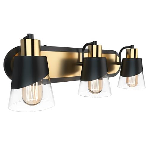 URSOLA Bathroom Vanity Light, 3 Lights Bathroom Light Fixtures, 19.7 inch Bathroom Light Fixtures Over Mirror Black and Gold, with Bevelled Edge and Clear Glass Shade Wall Lamp