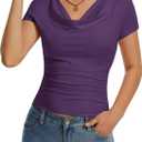 Women's Cowl Neck Tops Short Sleeve Slim Fit Ruched T-Shirts Summer Casual Dressy Business Blouses Going Out Top (M)