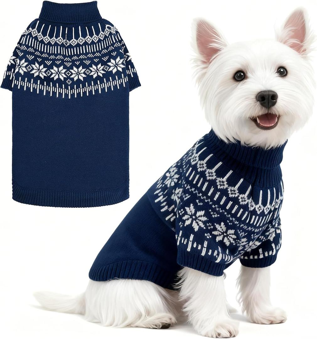 EXPAWLORER Turtleneck Knit Dog Sweater - Dog Clothes Fair Isle Snowflake Design, Warm Puppy Sweater Apparel, British Style Winter Pet Outfit Pullover for Large Dogs Cats, Blue L