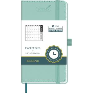 BEZEND Pocket Monthly Planner 2026-2027 (3.5" x 6.5") 2 Year Calendar Book for Purse with Note Pages, 100 GSM Paper, Inner Pocket, Pen Holder, Vegan Leather Hardcover in Mint Green