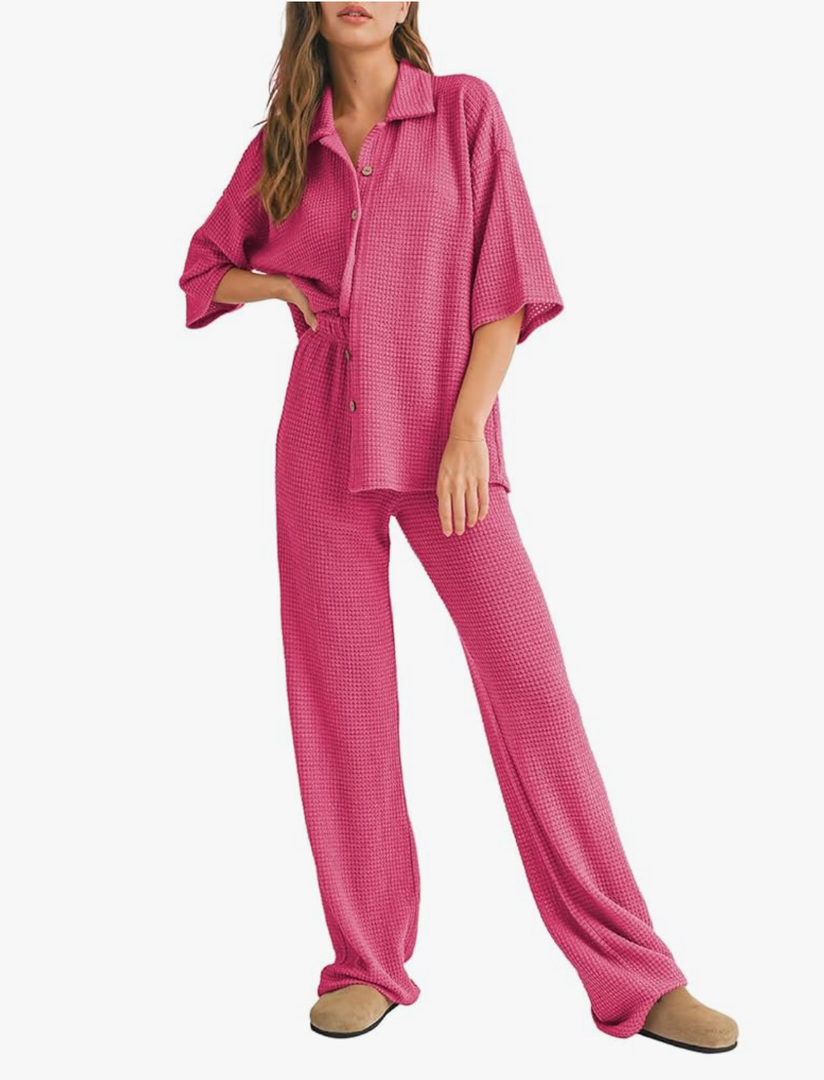 SHEWIN Women's 2 Piece Outfits Waffle Knit Lounge Sets Casual Short Sleeve Button Down Sleepwear Pajamas Set, S