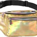 Holographic Fanny Pack Belt bag - Crossbody Waist Bag for Men or Women - Hands-Free, Waterproof Large Bumbag for Hiking, Running, and Travel (Gold)