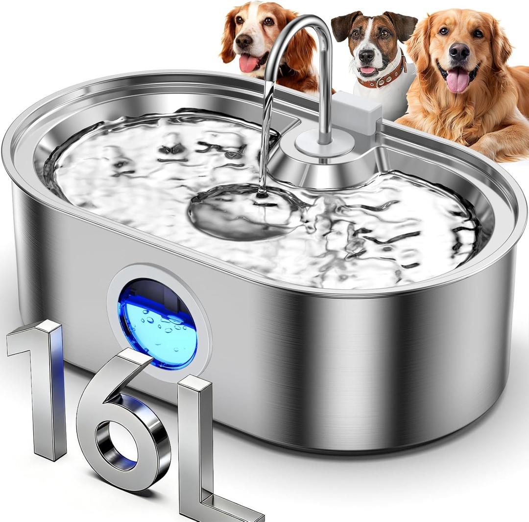 4.2Gal Dog Water Fountain for Large Dogs, 16L Stainless Steel Dog Fountain Water Bowl with Multi-Filtration & Deeper Drinking Tray, Extra Large Pet Water Fountain with Water Window & LED, Ultra-Quiet (Silver)