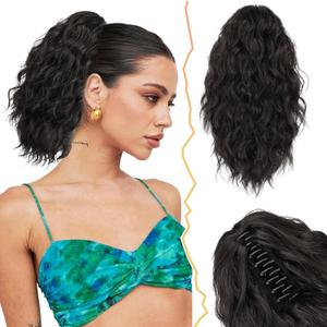 BARSDAR Short Ponytail Extension for Women - 12 Inch Claw Clip Ponytail Hair Extensions - Multi Layered Wavy Black Ponytail Soft Synthetic Clip in Pony Tails Hairpieces - Black Brown