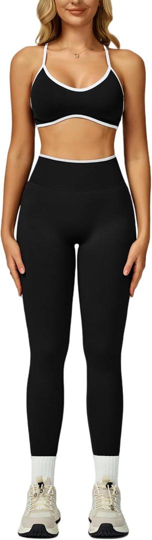 ABOCIW Womens 2 Piece Workout Sets Seamless Color Block Sports Bra Scrunch Butt Lifting High Waist Leggings Gym Set (Medium, Black)