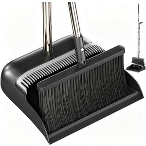 Broom and Dustpan Set, 52" Long Handle Standing Broom with Dustpan Combo Set with Dust Pan Teeth to Clean Pet Hair, Easy Sweeping Suitable for Home Kitchen Office Lobby