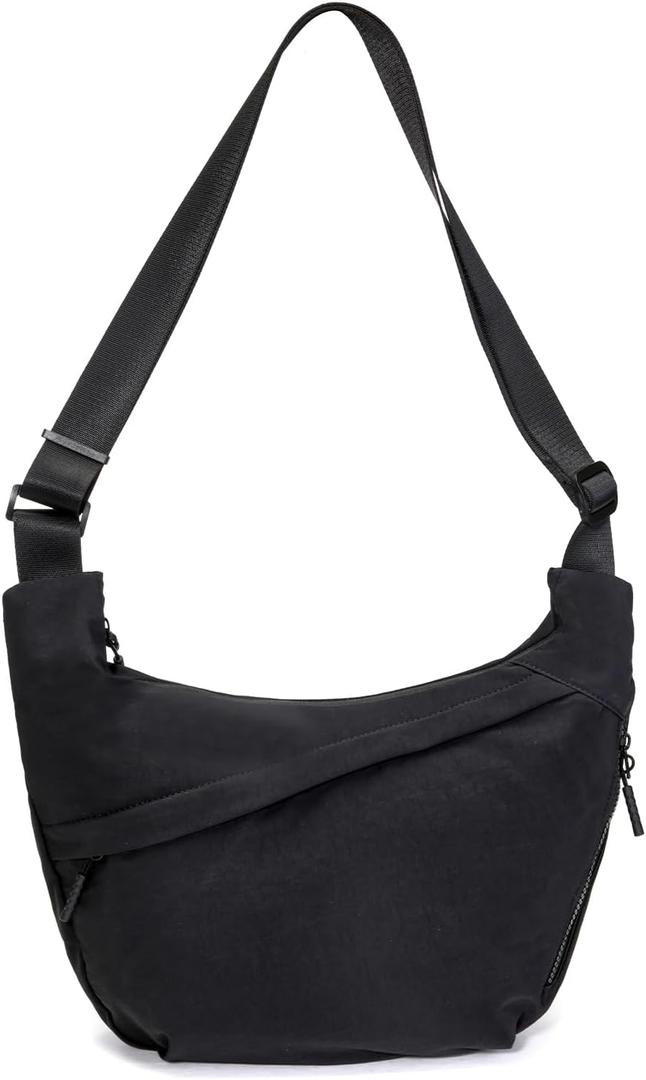 Medium Crescent Crossbody Bag for Women & Men, Lightweight Sling Bag with Adjustable Strap and 3 Zipper Pockets (Black)