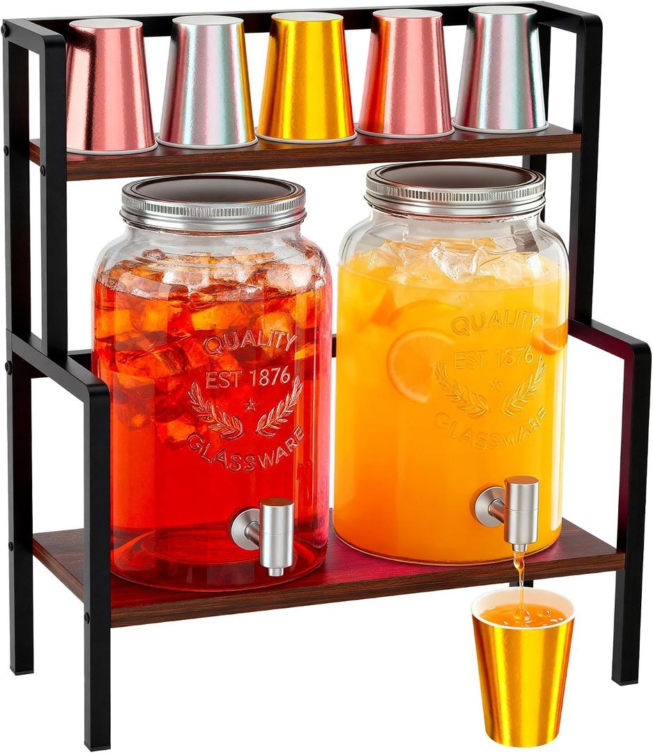 2PCS 1.5 Gallon Drink Dispenser - Glass Beverage Dispenser With Wood Stand and Leakproof Stainless Steel Spigot, Large Drink Dispenser for Parties, Lemonade, Iced Tea, Laundry Detergent Container
