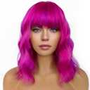 Short Bob Wigs with Bangs for Women Loose Wavy Wig Curly Wavy Shoulder Length Bob Synthetic Cosplay Wig for Girl Colorful Costume Wigs (Rose Mixed Purple)