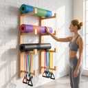 4-Tier Wooden Yoga Mat Holder Wall Mount, Yoga Mat Rack for Home Gym Organization, Wall Storage Hanger for Foam Roller and Fitness Accessories