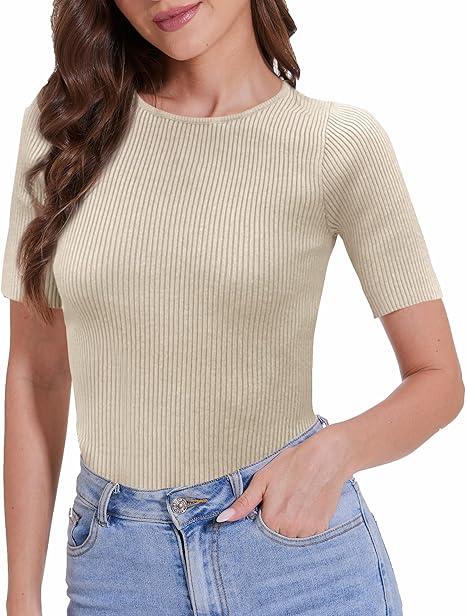 Women's Short Sleeve T Shirts Summer Crewneck Tops Ribbed Knit Slim Fit Shirt Casual Basic Tees Tops large