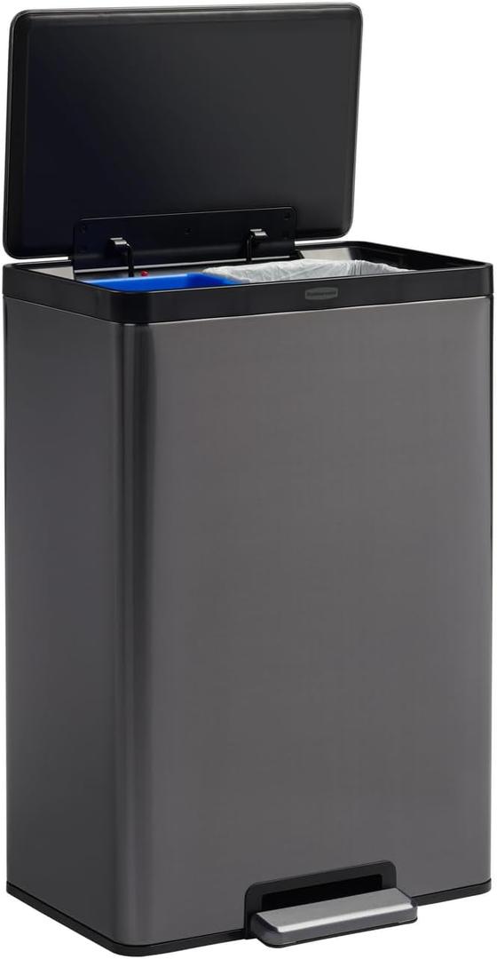 Rubbermaid Elite Stainless Steel Metal Dual Stream Step-On Trash, 10.5-Gallon, Charcoal, Wastebasket Home/Kitchen, Trash and Recycle Bin Combo