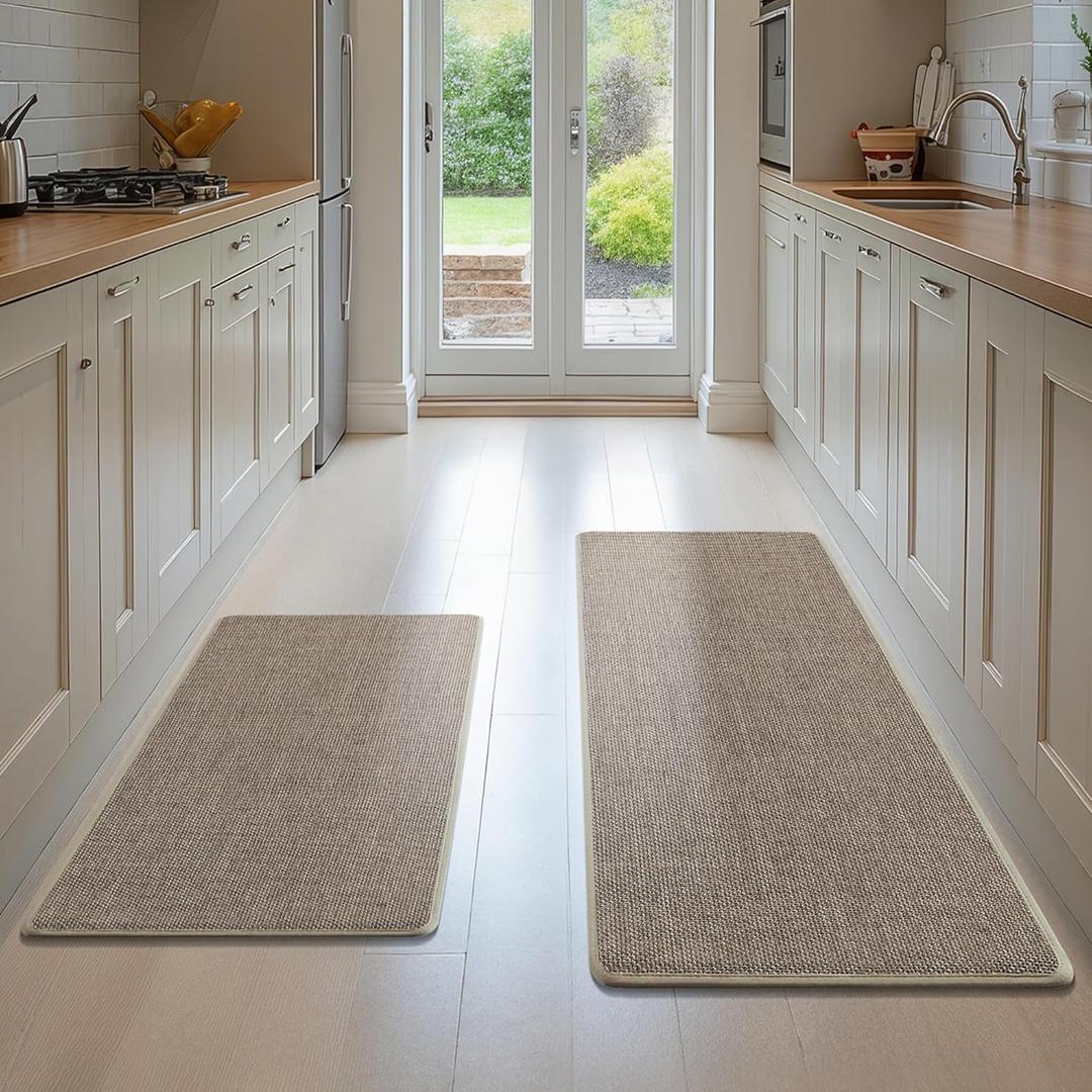 Kitchen Rugs Set of 2, Washable Rubber Backing Non Slip Runner Rugs for Office, Home, Front of Sink, Absorbent Kitchen Mats for FloorBeige, 17.3"x47"+17.3"x29"