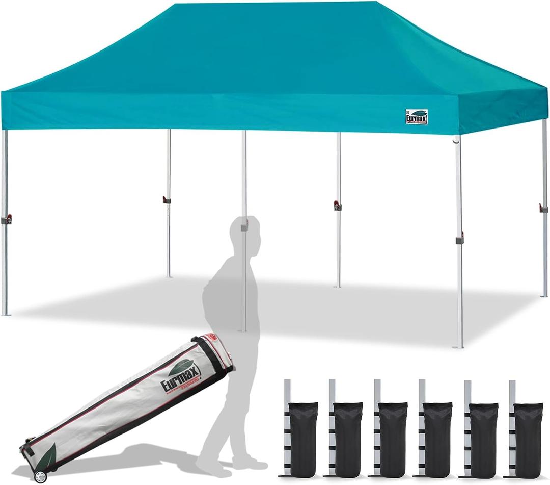 Eurmax USA 10x20ft Pop Up Canopy, Commercial Instant Tent for Outdoor Events, Patented No-Tip Rolling Storage Bag with 6 Sandbags,UV & Water Resistant,Heavy Duty Portable Shelter Gazebo,Turquoise