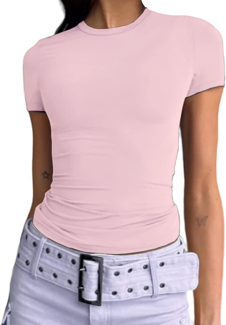 Dwnval Womens Classic Short Sleeve Summer TOS Crew Neck Slim Fit Crop T Shirt (Pink, M)