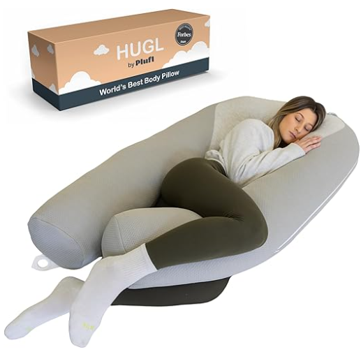 Plufl Hugl Cooling Body Pillow for Adults Made with Memory Foam | U Shaped Maternity Pillows Great for Side Sleepers & Pregnant Women | Washable Cover | Grey