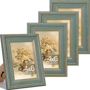 Vittanly 4x6 Picture Frames Set of 4, Vintage Photo Frames, Blue | Display 4x6 Pictures without Mat, Small Frames Covered by Plexiglass, Rustic Farmhouse Home Decor for Wall or Tabletop