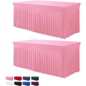 Table Skirts for Rectangle Tables 8ft - 2 Pack One-Piece Pink Tablecloths and Skirt, Wrinkle Resistant Ruffles Elastic Cover for Banquets, Weddings, Events, Parties (96" x 30" (Rectangular) 2Pack)