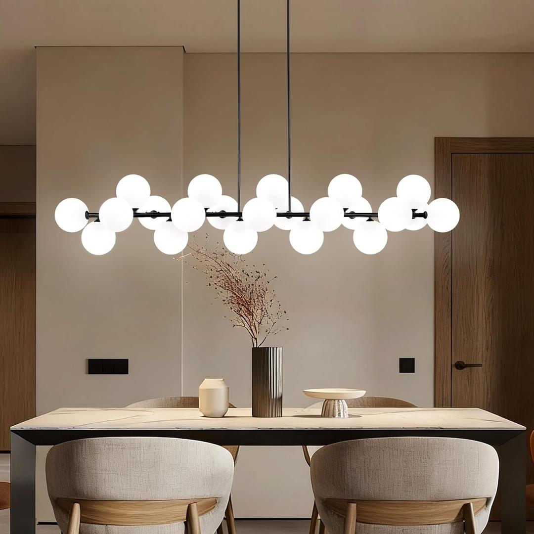 Modern Linear Chandelier 22-Light White Glass Globe Island Pendant Light | 70 Inch Large Black Sputnik Linear Chandelier, Dining Room Chandelier Over Table, Sputnik Light Fixture, Adjustable Height