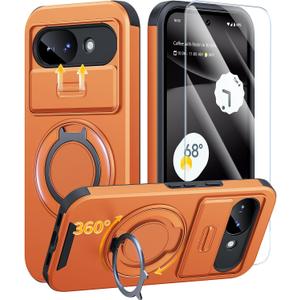 JAME for Google Pixel 10A Case, Ring Holder Stand Kickstand, Slide Camera Cover with Screen Protector, Dual-Layer Shockproof Protective, Magnetic Accessory Friendly Google Pixel 10a Phone Case, Orange