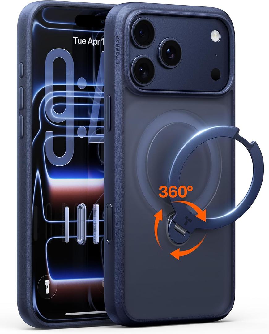 TORRAS Ostand Q3 Spin for iPhone 17 Pro Case with 360 Magnetic Stand, Fit for MagSafe, Camera Control, Builtin Kickstand, 4X MilitaryGrade Shockproof Slim Phone Case for iPhone 17 Pro, Deep Blue