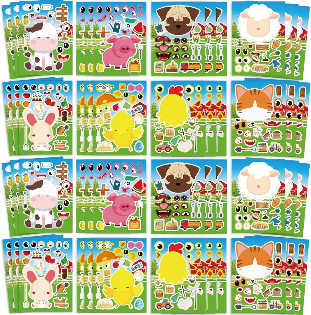 48 Pcs Farm Animal Stickers for Kids - face Sticker with Chicken, Pig, Cow, Sheep, Rabbit, Dog, Cat - Make a Fun Farm Themed face Sticker for Toddlers, Scrapbooking, DIY CraftsBack To School Gifts