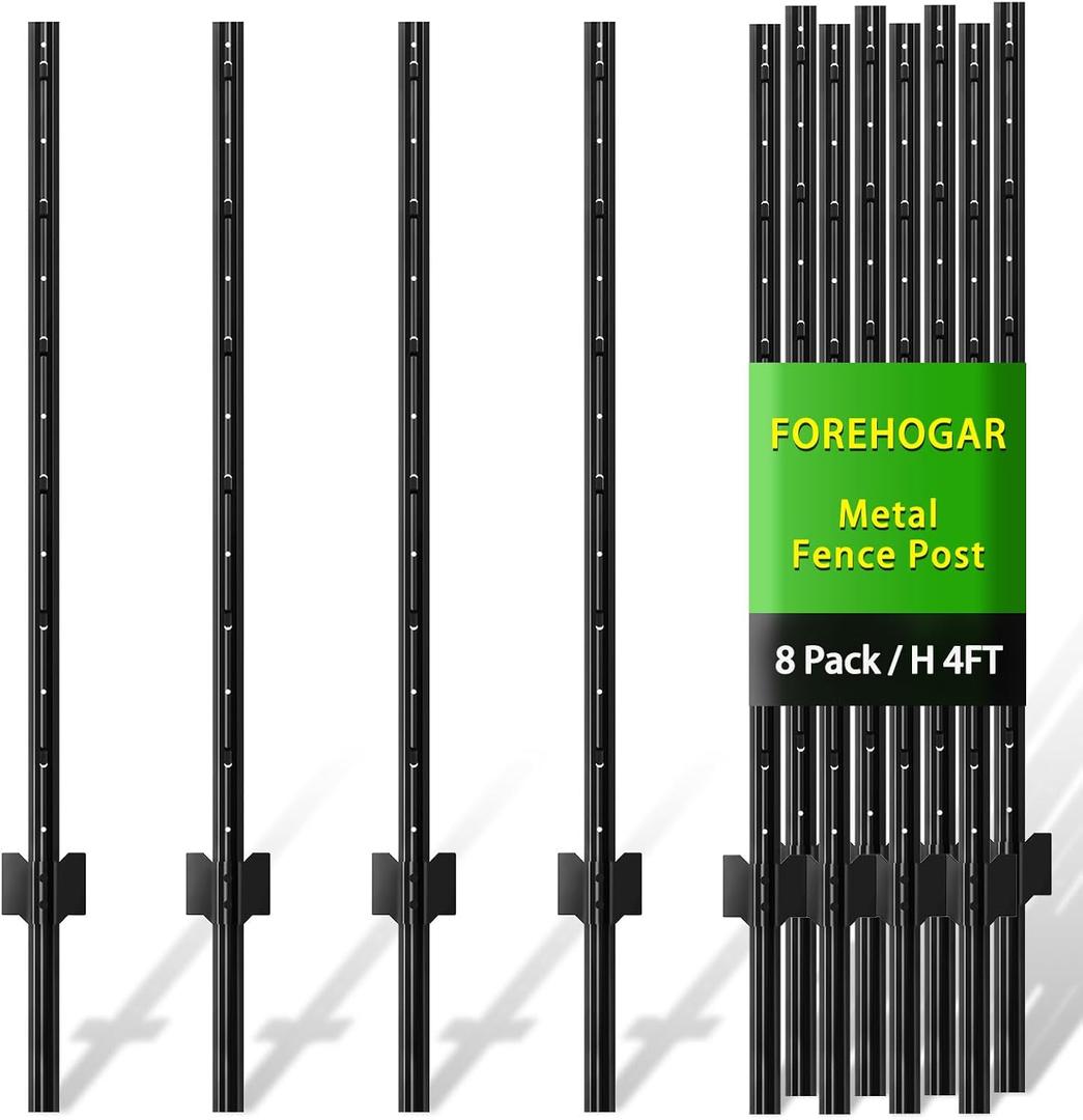 Metal Fence Post 4 Feet Black, Pack of 8, T Post for Wire Fence, No Dig Steel U Posts Fencing for Lawn Garden Wire Mesh Fences Poles Sign Outdoor Light Duty (4 FT- 8 PACK-BLACK)