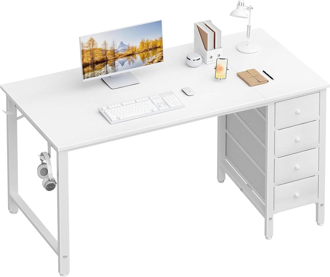 Lufeiya White Computer Desk with Drawers - 55 Inch Long Study Work Writing Desk for Home Office Bedroom, Reversible Simple Modern Cute PC Desks with Fabric Drawer, White (55.1", Warm White)