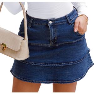 GOBLES Women's Summer Cute Mid Waist Ruffles A Line Streetwear Mini Denim Skirts, Size: Small