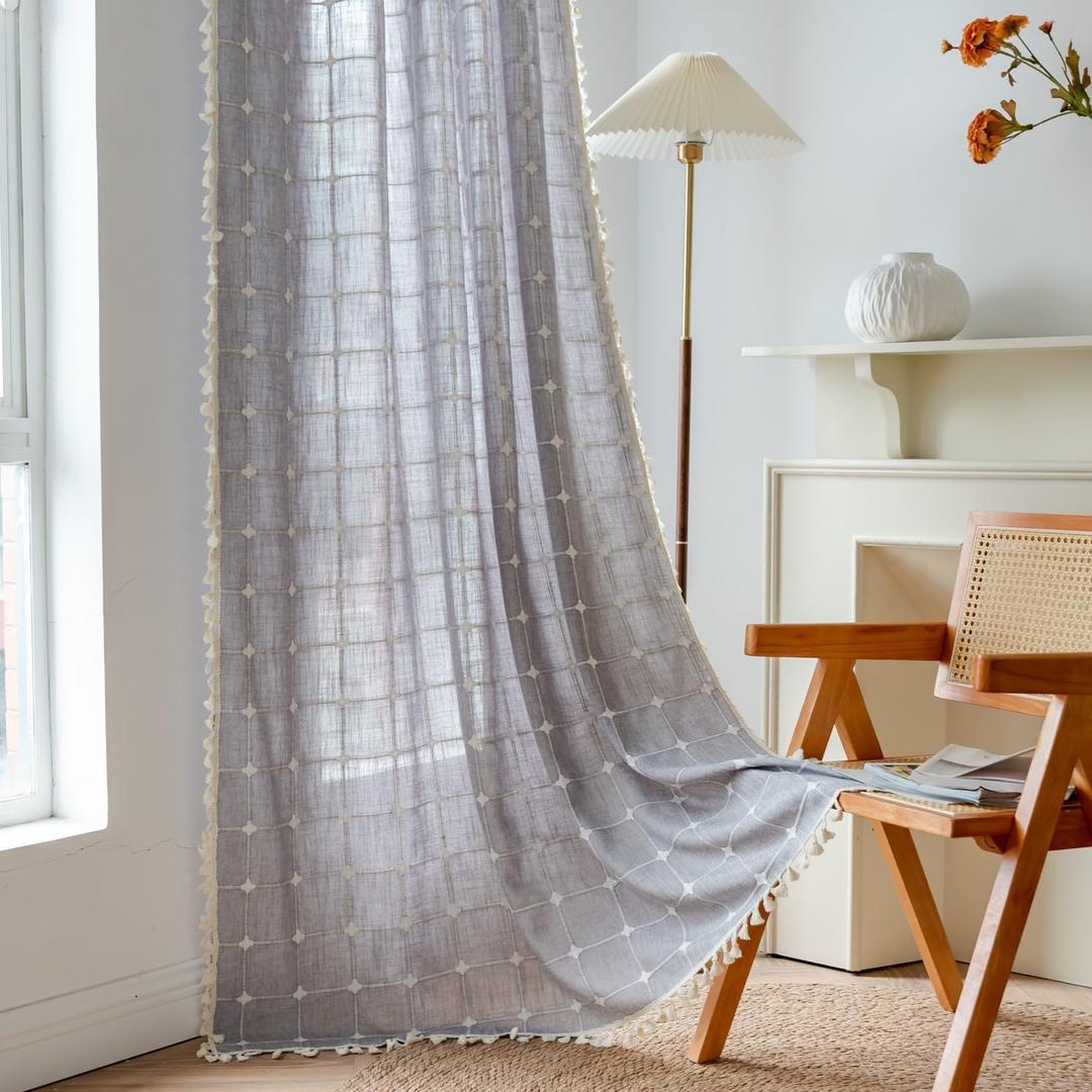 Sutuo Home Boho Curtains for Bedroom Living Room 84 Inch Length, Linen Light Filtering Country Farmhouse Vintage Chic Tassels Window Treatment Bohemian Drape, 1 Panel 52" W x 84" L, Dark Grey Plaids