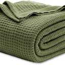 Bedsure 100% Cotton Blanket King Size for Bed - Breathable and Soft, Waffle Weave Blanket for Summer Spring, Olive Green, 104x90 inches