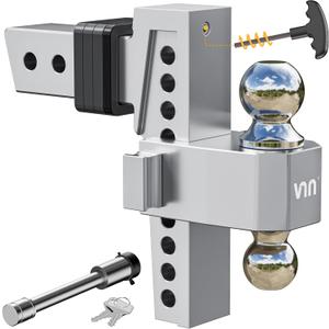 VNN Enganche de cada ajustable, enganche de remolque de doble bola (2 pulgadas y 2-5/16 pulgadas) para receptor de 2.5 pulgadas, cada de 8 pulgadas, 18.500 libras GTW, montaje de bola resistente