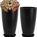 Set of 2 Tall Planter, 21 inch Large Plastic Planter with Drain Hole & Saucers, Large Outdoor Planters for Porch, Garden, Patio, Balcony,(Brown)