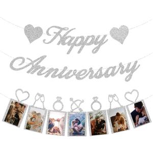 Happy Anniversary Party Decorations - Silver Anniversary Banner and Photo Banner for Wedding Party Decor