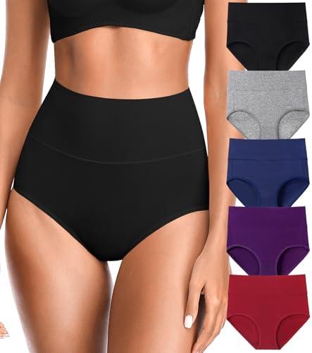 OLIKEME Womens High Waisted Underwear Tummy Control Cotton Full Coverage Ladies Panties Soft Stretch Briefs L