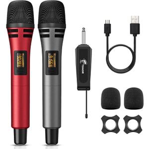 TONOR Wireless Microphones, UHF Dual Karaoke Microphone System, Microfonos Inalambricos with Rechargeable Receiver, Cordless Dynamic Mic Micro Set for Singing, Wedding, DJ, Party, Speech TW320 Red
