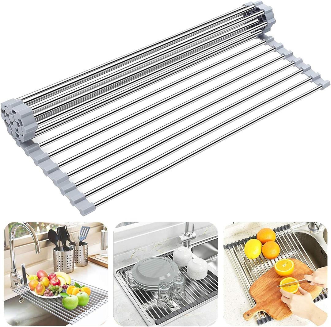 Over the Sink Dish Drying Rack, Searik Roll up Sink Dish Drainer Rack Foldable Kitchen Stainless Steel Dish Rack Sink Drying Rack (17.7 x 11.8) (Gray)