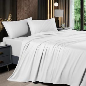 Shilucheng 4 Piece Queen Sheet Sets, Cooling Sheets, Blend Rayon Derived from Bamboo, Deep Pocket Up to 16", Breathable & Soft Bed Sheets, Hotel Silky Bedding Set, White