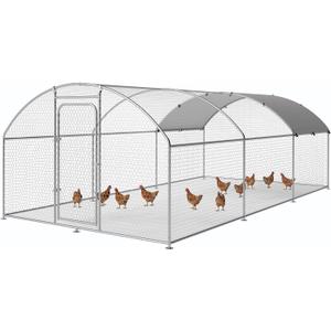 Large Metal Chicken Coop, Chicken Pen Walk in Chicken Run for Duck Rabbit Habitat Flat Shaped Poultry Cage with Waterproof Cover for Outdoor Farm Use, Dome Roof(10' L x 19.7' W x 6.4' H)