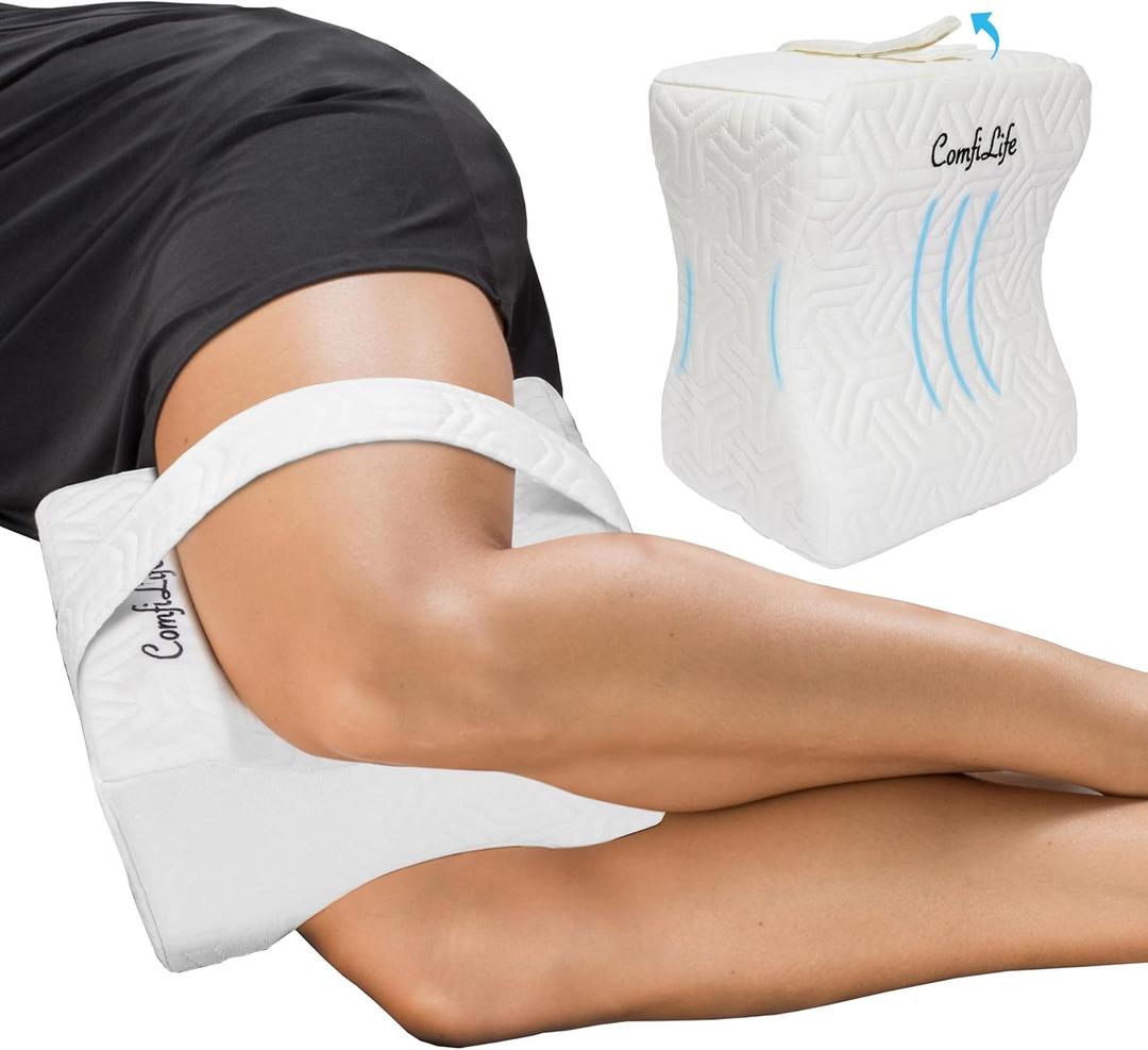 ComfiLife Knee Pillow for Side Sleepers  Cooling Leg Pillow for Side Sleeping  Knee Pillow with Strap for Hip Pain, Back Pain, Sciatica Pain Relief  Memory Foam Hip Pillow Contour Design