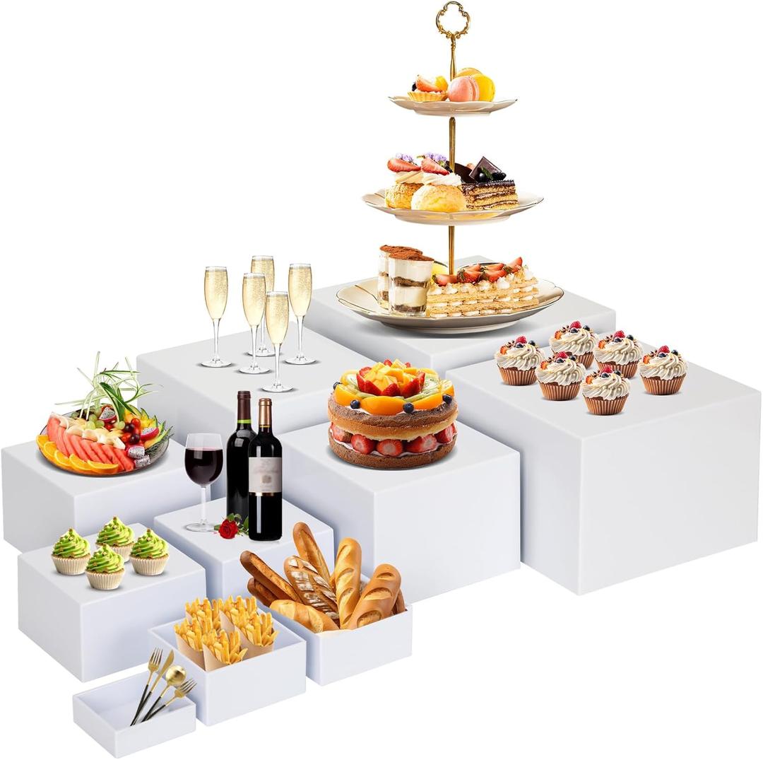 10 PCS Buffet Risers, Large Food Risers for Buffet Table, Food Display Risers for Party, White Acrylic Boxes Dessert Table Display Set, Risers Display Stands (Size 10" 9" 8" 7" 6" 5" 5" 4" 4" 3", White)